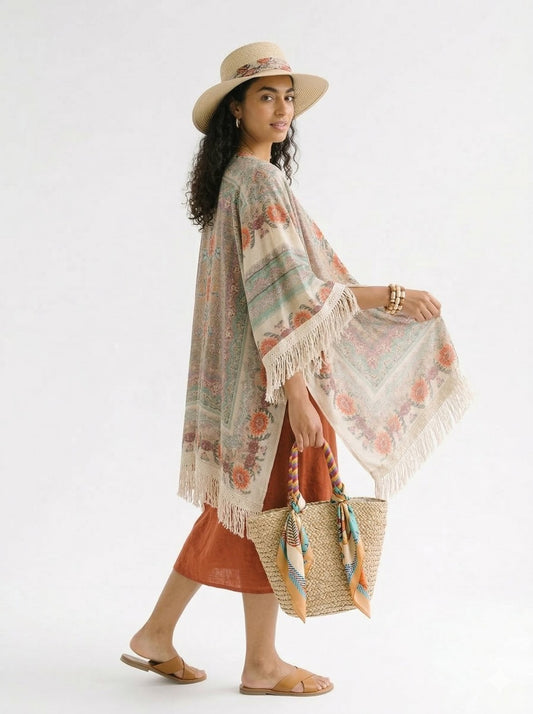 Eleganter Boho-Kimono mit Blumenmuster und Fransen
